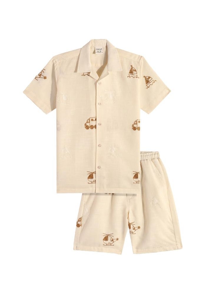 CAVIO Cotton Linen Printed Co-ord Set for Boys - Short Sleeve Shirt and Shorts - Image 1